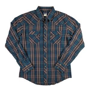 Wrangler Mens Blue Brown Plaid Western Pearl Snap Shirt Large MVG045M L/S